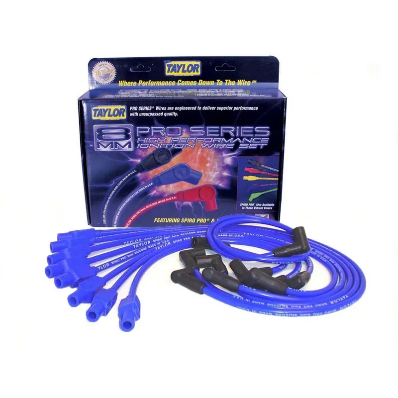 While Supplies Last Taylor Spiro-Pro Spiral Core 8 mm Spark Plug Wire Set - Blue - Straight Plug Boots - HEI Style Terminal - Small Block Mopar